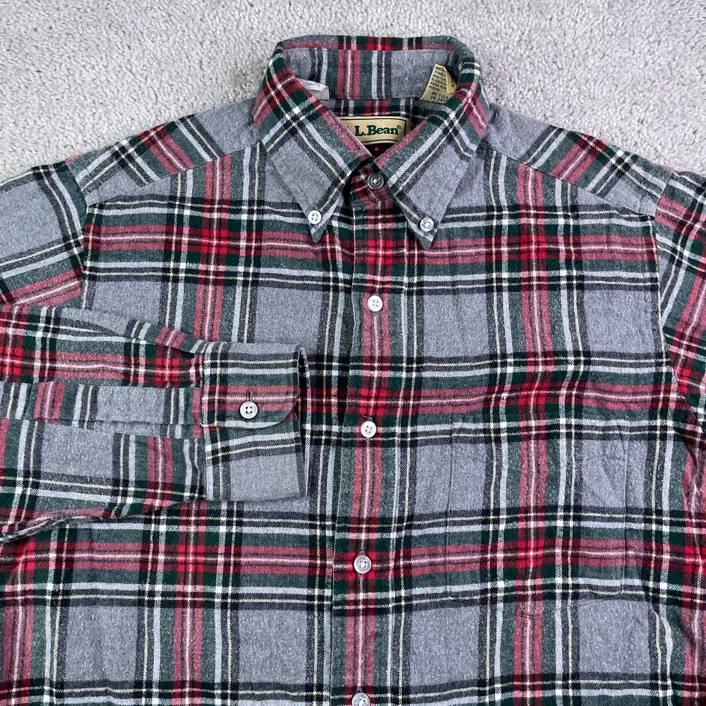 Vintage LL Bean Shirt Mens Small Grey Red Tartan Plaid Flannel Button Down 90s